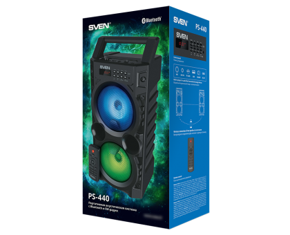 Колонка SVEN PS-440 Black (20W, TWS, Bluetooth, FM, USB, microSD, LED-display, RC, 2x2000mA*h) Колонка SVEN PS-440 Black (20W, TWS, Bluetooth, FM, USB, microSD, LED-display, RC, 2x2000mA*h)