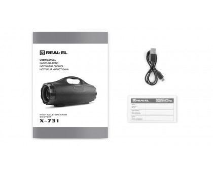 Колонка REAL-EL X-731 Black (18Вт,Bluetooth, FM, USB,microSD,AUX,3600mA*) Колонка REAL-EL X-731 Black (18Вт,Bluetooth, FM, USB,microSD,AUX,3600mA*)