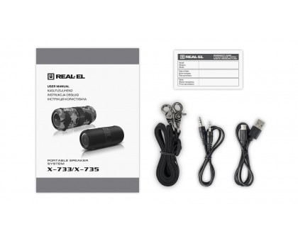 Колонка REAL-EL X-733 camo (24Вт, Bluetooth, USB, AUX, 3600мА*час) Колонка REAL-EL X-733 camo (24Вт, Bluetooth, USB, AUX, 3600мА*час)