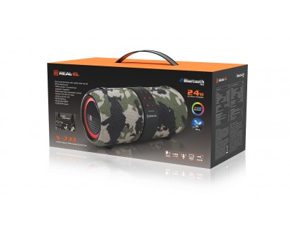 Колонка REAL-EL X-733 camo (24Вт, Bluetooth, USB, AUX, 3600мА*час) Колонка REAL-EL X-733 camo (24Вт, Bluetooth, USB, AUX, 3600мА*час)