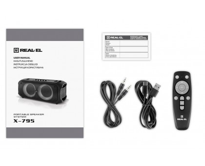 Колонка REAL-EL X-795 Black (70Вт, Bluetooth, USB, microSD, AUX, 2Mic караоке, RGB, TWS, 7000мА*год) Колонка REAL-EL X-795 Black (70Вт, Bluetooth, USB, microSD, AUX, 2Mic караоке, RGB, TWS, 7000мА*год)