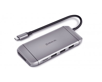 Type C мультифункциональная док-станция REAL-EL CQ-900 (3×USB A 3.0, HDMI, RJ45, SD, micro SD/TF, VGA,Type C)