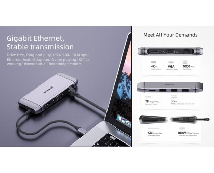 Type C мультифункциональная док-станция REAL-EL CQ-900 (3×USB A 3.0, HDMI, RJ45, SD, micro SD/TF, VGA,Type C)