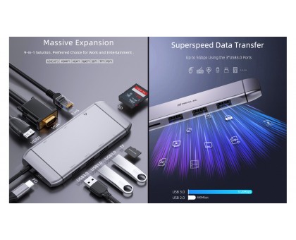 Type C мультифункциональная док-станция REAL-EL CQ-900 (3×USB A 3.0, HDMI, RJ45, SD, micro SD/TF, VGA,Type C)