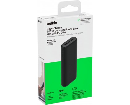 Акумулятор портативний літій-іонний Power Bank Belkin 20000мА·год, 20Вт, 2хUSB-A/USB-C, чорний Акумулятор портативний літій-іонний Power Bank Belkin 20000мА·год, 20Вт, 2хUSB-A/USB-C, чорний