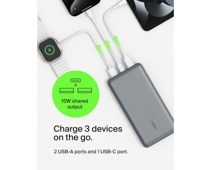 Акумулятор портативний літій-іонний Power Bank Belkin 20000мА·год, 15Вт, 2хUSB-A/USB-C, cірий Акумулятор портативний літій-іонний Power Bank Belkin 20000мА·год, 15Вт, 2хUSB-A/USB-C, cірий