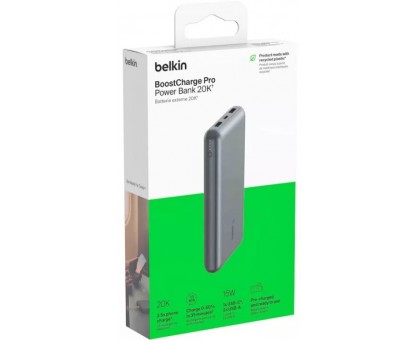 Акумулятор портативний літій-іонний Power Bank Belkin 20000мА·год, 15Вт, 2хUSB-A/USB-C, cірий Акумулятор портативний літій-іонний Power Bank Belkin 20000мА·год, 15Вт, 2хUSB-A/USB-C, cірий