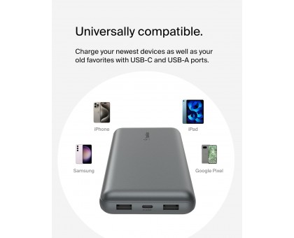 Акумулятор портативний літій-іонний Power Bank Belkin 20000мА·год, 15Вт, 2хUSB-A/USB-C, cірий Акумулятор портативний літій-іонний Power Bank Belkin 20000мА·год, 15Вт, 2хUSB-A/USB-C, cірий