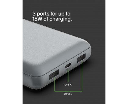 Акумулятор портативний літій-іонний Power Bank Belkin 20000мА·год, 15Вт, 2хUSB-A/USB-C, cірий Акумулятор портативний літій-іонний Power Bank Belkin 20000мА·год, 15Вт, 2хUSB-A/USB-C, cірий