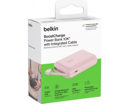 Акумулятор портативний літій-іонний Power Bank Belkin 10000мА·год, 20Вт, з інтегрованим кабелем USB-C, рожевий Акумулятор портативний літій-іонний Power Bank Belkin 10000мА·год, 20Вт, з інтегрованим кабелем USB-C, рожевий
