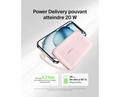Акумулятор портативний літій-іонний Power Bank Belkin 10000мА·год, 20Вт, з інтегрованим кабелем USB-C, рожевий Акумулятор портативний літій-іонний Power Bank Belkin 10000мА·год, 20Вт, з інтегрованим кабелем USB-C, рожевий