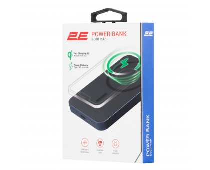 Акумулятор портативний літій-іонний Power Bank 2E Wireless QI 5000мА·год, 20Вт, PD, синій Акумулятор портативний літій-іонний Power Bank 2E Wireless QI 5000мА·год, 20Вт, PD, синій
