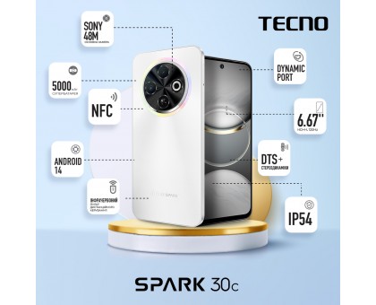 Смартфон TECNO Spark 30C (KL5n) 6.67" 6/128ГБ, 2SIM, 5000мА•год, Orbit White Смартфон TECNO Spark 30C (KL5n) 6.67" 6/128ГБ, 2SIM, 5000мА•год, Orbit White