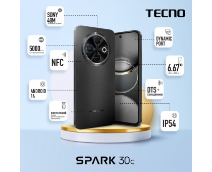 Смартфон TECNO Spark 30C (KL5n) 6.67" 6/128ГБ, 2SIM, 5000мА•год, Orbit Black Смартфон TECNO Spark 30C (KL5n) 6.67" 6/128ГБ, 2SIM, 5000мА•год, Orbit Black