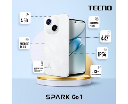 Смартфон TECNO Spark Go 1 (KL4) 6.67" 3/64ГБ, 2SIM, 5000мА•год, Glittery White Смартфон TECNO Spark Go 1 (KL4) 6.67" 3/64ГБ, 2SIM, 5000мА•год, Glittery White