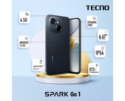 Смартфон TECNO Spark Go 1 (KL4) 6.67" 4/64ГБ, 2SIM, 5000мА•год, Startrail Black Смартфон TECNO Spark Go 1 (KL4) 6.67" 4/64ГБ, 2SIM, 5000мА•год, Startrail Black