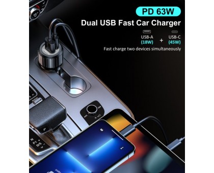 Автомобільне ЗУ TC0010-BK, 2 порти, 63Вт, QC3.0+PD, пластик, чорний