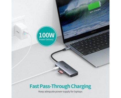 Адаптер Choetech HUB-M19-GY, USB Type-C 7-в-1, док станція (HDMI/PD/картридер/USB-A / USB-C), алюміній