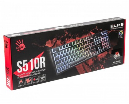 Механічна клавіатура A4Tech Bloody S510R, червоні світчі, чорна, RGB підсвічування клавіш, USB Механічна клавіатура A4Tech Bloody S510R, червоні світчі, чорна, RGB підсвічування клавіш, USB