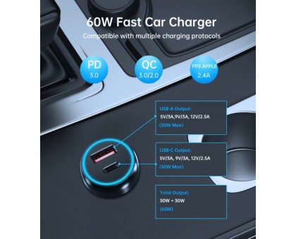 Автомобільне ЗУ TC0014-BK, 2 порти, 60Вт, QC3.0+PD, чорний Автомобільне ЗУ TC0014-BK, 2 порти, 60Вт, QC3.0+PD, чорний