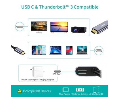 Кабель Choetech XCH-M180GY, USB-C на HDMI, 1.8м Кабель Choetech XCH-M180GY, USB-C на HDMI, 1.8м