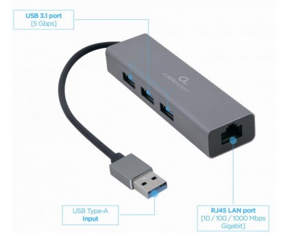 Адаптер Cablexpert A-AMU3-LAN-01, з USB-A на Gigabit Ethernet + хаб 3xUSB 3.1 Gen1 Адаптер Cablexpert A-AMU3-LAN-01, з USB-A на Gigabit Ethernet + хаб 3xUSB 3.1 Gen1