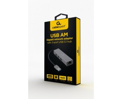 Адаптер Cablexpert A-AMU3-LAN-01, з USB-A на Gigabit Ethernet + хаб 3xUSB 3.1 Gen1 Адаптер Cablexpert A-AMU3-LAN-01, з USB-A на Gigabit Ethernet + хаб 3xUSB 3.1 Gen1