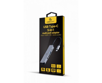 Адаптер Cablexpert A-CM-COMBO5-02, док станція USB-C 5-в-1 (хаб/HDMI/PD/Аудио 3,5), сірий Адаптер Cablexpert A-CM-COMBO5-02, док станція USB-C 5-в-1 (хаб/HDMI/PD/Аудио 3,5), сірий