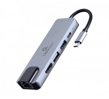 Адаптер Cablexpert A-CM-COMBO5-04, Док станція USB Type-C 5-в-1 (хаб/HDMI/PD/LAN), сірий