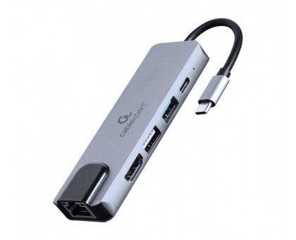 Адаптер Cablexpert A-CM-COMBO5-04, Док станція USB Type-C 5-в-1 (хаб/HDMI/PD/LAN), сірий Адаптер Cablexpert A-CM-COMBO5-04, Док станція USB Type-C 5-в-1 (хаб/HDMI/PD/LAN), сірий