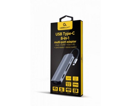 Адаптер Cablexpert A-CM-COMBO8-02, USB Type-C 8-в-1 (USB хаб 3.0/HDMI//VGA/PD/картридер/стерео-аудіо) Адаптер Cablexpert A-CM-COMBO8-02, USB Type-C 8-в-1 (USB хаб 3.0/HDMI//VGA/PD/картридер/стерео-аудіо)