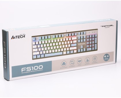 Клавіатура A4Tech FS100 (Icy Blue) механічна ігрова, неонове підсвічування, USB, FS Switches, срібляста Клавіатура A4Tech FS100 (Icy Blue) механічна ігрова, неонове підсвічування, USB, FS Switches, срібляста